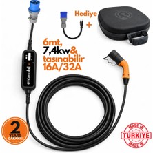 Evoşarj Evomobil Mono Elektrikli Araç Taşınabilir Şarj Istasyonu 7,4kw | 32AMPER | Tip2 | 6mt
