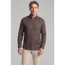 Bisse Regular Fit Paşa Yaka Cepsiz Sedef Düğmeli Koyu Kahve Erkek Gömlek GMKTN250011_D12