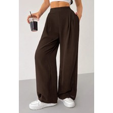 Genius Store Kadın Pantolon Scuba Krep Kumaş Beli Lastikli Cepli Pileli Geniş Paça Palazzo Pantolon