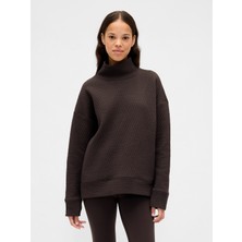 Gap Kadın Kahverengi Gapfit Karo Desenli Jakarlı Triko Funnel-Neck Sweatshirt