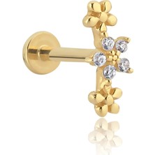 Cherry By Özkonak Sıralı Çiçek Figürlü Taşlı Altın Tragus Piercing