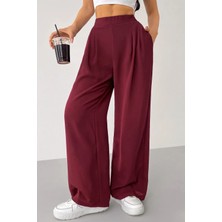 Genius Store Kadın Pantolon Scuba Krep Kumaş Beli Lastikli Cepli Pileli Geniş Paça Palazzo Pantolon