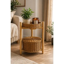 İliva Bambu Ayaklı Rattan Sepetli Organizer Sebzelik 2 Katlı Çok Amaçlı Dekoratif Stand Banyo Düzenleyici