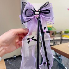 Efna Store Ortası Mine Kaplamalı Sevimli Kuromi Figürlü Ponpon Kurdele Sallantılı Saten Fiyonk Model Mor Renk Pens Toka