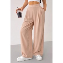 Genius Store Kadın Pantolon Scuba Krep Kumaş Beli Lastikli Cepli Pileli Geniş Paça Palazzo Pantolon