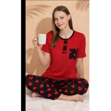 Kiss Me Kadın Kırmızı Kalp Desenli Rahat Kesim Pijama Takımı