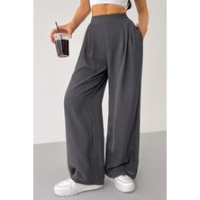 Genius Store Kadın Pantolon Scuba Krep Kumaş Beli Lastikli Cepli Pileli Geniş Paça Palazzo Pantolon