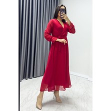 ZKS Grup Tekstil Kadın Abiye Elbise Kruvaze Yaka Kuşaklı Midi Şifon Beyaz , Haki, Kırmızı, Saks, Yeşil, Siyah