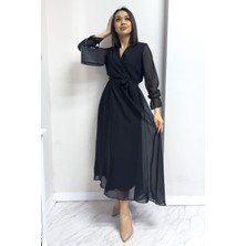 The ZKS Kadın Kruvaze Yaka Kuşaklı Şık Günlük Midi Şifon Elbise Beyaz , Haki, Kırmızı, Saks, Yeşil, Siyah