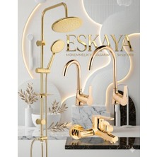 Eshome Kca Gold Altın Kare Robot Duş Seti, Banyo, Mutfak Eviye ve Lavabo Bataryası Musluğu 4'lü Set