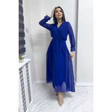 The ZKS Kadın Kruvaze Yaka Kuşaklı Şık Günlük Midi Şifon Elbise Beyaz , Haki, Kırmızı, Saks, Yeşil, Siyah