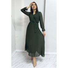 ZKS Grup Tekstil Kadın Abiye Elbise Kruvaze Yaka Kuşaklı Midi Şifon Beyaz , Haki, Kırmızı, Saks, Yeşil, Siyah