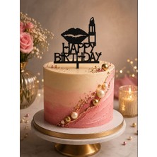 Hediyebigi Doğum Günü Pasta Süsü Dudak ve Ruj Temalı Happybirtday 12X17 Ölçülerinde