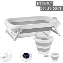 Lirazon 3'lü Set Termometreli Katlanır Bebek Küvet Set Kaymaz Ayaklı Dokunmatik Ekranlı Yenidoğan Banyo Küveti  45L (Küvet - Kova - Maşrapa Set) Damla Serisi