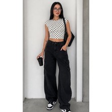 Kadın Puantiyeli Sıfır Kollu Bisiklet Yaka Slim Fit Yazlık Bluz