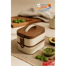 Gugga Tier - 2 Katlı Çelik Hazneli Ahşap Görünümlü Sızdırmaz Kapaklı Lunchbox 1300 ml Krem