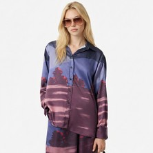 Lacoste Kadın Oversize Fit Baskılı Mor Saten Gömlek