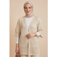 Moda Morfo Yarasa Yarım Kol Ajurlu Triko Hırka  -Bej