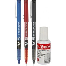 V5 Hi-Tecpoint Iğne Uçlu Pilot Roller Kalem Mavi Siyah Kırmızı 3 Adet - Globox Sıvı Daksil Hediyeli