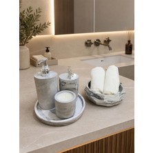 Bee Candle Home Gri Mermer Desenli 6'lı Büyük Kaseli Banyo Seti - Gümüş Renk Pompa Toka