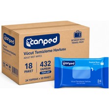 Canped Yetişkin Vücut Temizleme Islak Mendil Havlu 24 Yaprak Seyahat Boy 18 Li Set  (432 Yaprak)