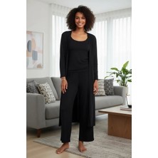 Moda Şahsenem Moda Kadın Siyah Yumuşak Dokulu Dökümlü Uzun Kimono Şık ve Rahat Ev Giyim