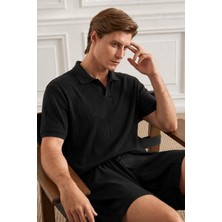 Tarz Cool Erkek Jakar Desenli Düğmesiz Polo Yaka Tişört Slim Fit Yazlık Triko Tişört