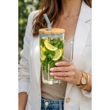 Zeta Collection Bambu Kapaklı Pipetli Cam Termos Bardak,  Detoks Şişesi