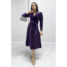 ZKS Grup Tekstil Kadın Karpuz Kol Kuşaklı Midi Abiye Kadife Elbise Yeşil, Petrol Mavisi, Bordo, Mor, Mürdüm, Siyah, Bal Köpüğü