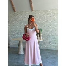 Qimya Butik Kadın Ince Askılı Yaka ve Etek Ucu Beyaz Şeritli Uzun Elbise
