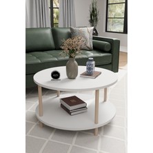 Modern Çift Katlı 60 cm Orta Sehpa Yuvarlak Ahşap Ayaklı Salon Sehpası