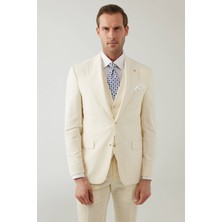 Ysf Erkek Krem Slim Fit %100 Yün Yelekli Sivri Yaka Takım Elbise