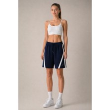 Lacivert-Beyaz Pamuklu Yumuşak Dokulu Şeritli Standart Fit Beli Lastikli Kadın Şort