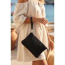 Vivazzaluxe Doğal Hasır Örme Orta Boy Kadın Yazlık Portföy Clutch Çanta