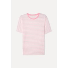 Mudo Kadın Pembe Çizgili Loose Fit Bisiklet Yaka T-Shirt