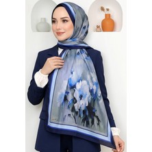 Hadiora Kadın Mavi Gri Çiçek Desenli Soft Şal