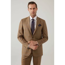 Ysf Erkek Taba Regular Fit Mono Yaka Kareli Takım Elbise