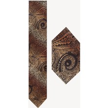 Ysf Erkek Kahve Gold Desenli Kravat Mendilli Set