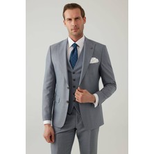 Ysf Erkek Gri Slim Fit Yelekli Sivri Yaka Yün Takım Elbise