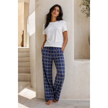 Remsa Büyük Beden Kadın Ekose Viskon Kumaş Penye Battal Tek Pijama Alt 21 LACIVERT02