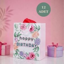 Sarkap 12'li 32X26X14 cm Özel Tasarım Çiçekli Happy Birthday Hediyelik Karton Çanta