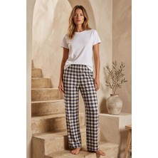Remsa Büyük Beden Kadın Ekose Viskon Kumaş Penye Battal Tek Pijama Alt 22 Bej