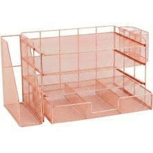 Temel Rose Gold Metal Mesh 3 Katlı Masaüstü Organizer Dosyalık Çekmeceli Kalemlikli 33X22X23 cm 9533