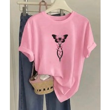 Nigrum Pardus Nıgrum Pardus Özel Seri Kelebek Baskılı %100 Pamuk Oversize Büyük Beden Şık Kadın T-Shirt
