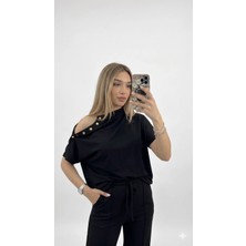 Shine & Style Islana Omuz Düğmeli Modal Kumaş Takım Siyah