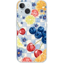 TechTree iPhone 15 Uyumlu Sulu Boya Meyve ve Çiçek Desenli Baskılı Silikon Kılıf