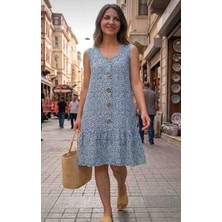 Butik Ayvitrin Kadın Desenli Eteği Fırfırlı Düğme Detaylı Elbise