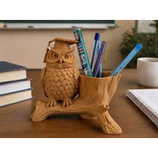 Generic Ahşap Dokulu Bilge Baykuş Kalemlik Owl Pen Holder Teacher Desk Organizer