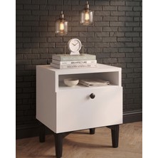 Eng Ahşap Modern Tasarım Beyaz Komodin - Tek Kapaklı ve Açık Raflı Ayaklı Yatak Odası Komodini (40X49X32 Cm)