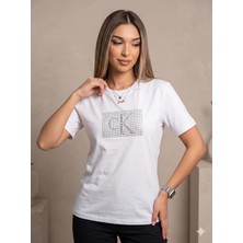 Shine & Style Marrk Muadil  Kare Taş Oversize Beyaz Tişört